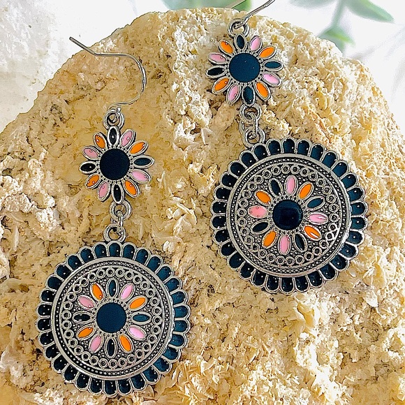 Hand Crafted Jewelry - DOUBLE DROP Dangling Flower EARRINGS deep blue silver pink hanging movement